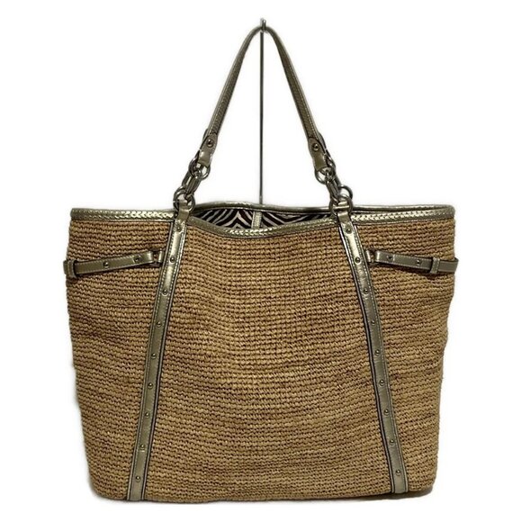 Auth COACH - 16886 Beige Gold Straw Leather Canvas Tote Bag - Picture 3 of 9